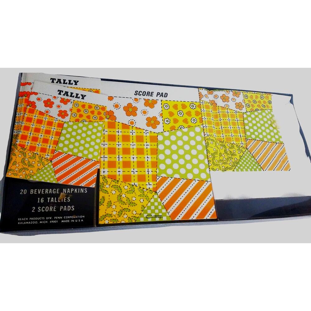 Vintage 1970s Contempo Bridge Set Tally Cards Score Pads Napkins Retro Patchwork
